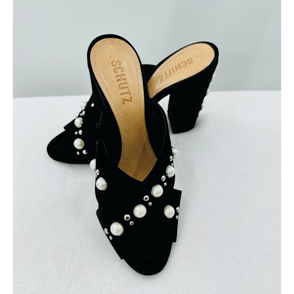 SCHUTZ Black Suede Imitation Pearl Deco. Heel Open Toed Mule - Picture 8 of 9